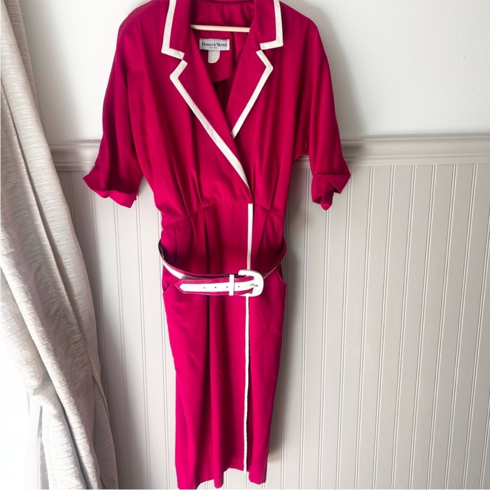 Vintage 80s Danny & Nicole Pink Belted Jumpsuit Size 12 White Trim Collared
